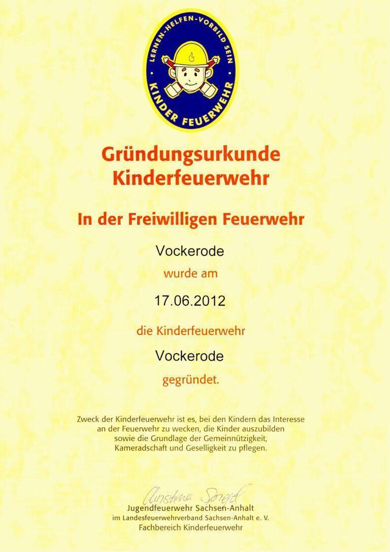 Gründungsurkunde der Kinderfeuerwehr vom 17.06.2012.
